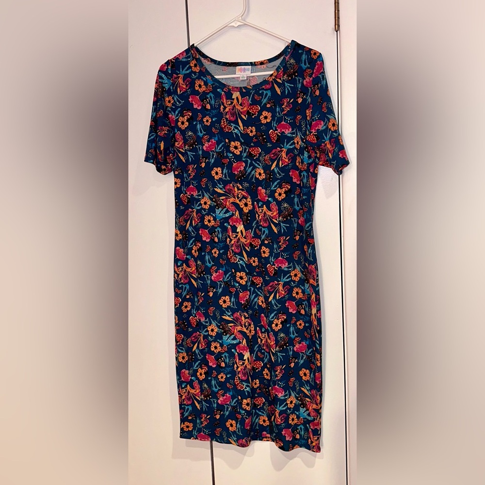 LuLaRoe Navy Midi Dress with Pink and Orange Floral Print